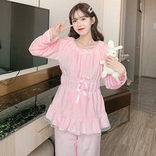 Load image into Gallery viewer, 2021 Winter Cute Lace Bow Long Sleeve Thick Warm Flannel Pajama Sets for Women Coral Velvet Sleepwear Suit Homewear Home Clothes