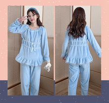 Load image into Gallery viewer, 2021 Winter Cute Lace Bow Long Sleeve Thick Warm Flannel Pajama Sets for Women Coral Velvet Sleepwear Suit Homewear Home Clothes