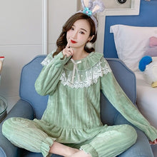 Load image into Gallery viewer, 2021 Winter Long Sleeve Cute Lace Princess Thick Warm Flannel Pajama Sets for Women Coral Velvet Sleepwear Homewear Home Clothes