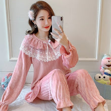 Load image into Gallery viewer, 2021 Winter Long Sleeve Cute Lace Princess Thick Warm Flannel Pajama Sets for Women Coral Velvet Sleepwear Homewear Home Clothes