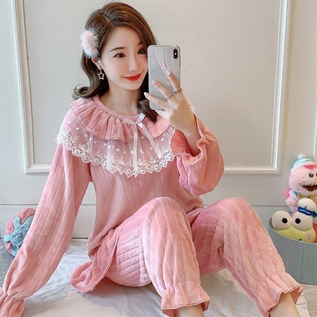 2021 Winter Long Sleeve Cute Lace Princess Thick Warm Flannel Pajama Sets for Women Coral Velvet Sleepwear Homewear Home Clothes