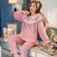 Load image into Gallery viewer, 2021 Winter Long Sleeve Cute Lace Princess Thick Warm Flannel Pajama Sets for Women Coral Velvet Sleepwear Homewear Home Clothes