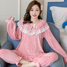 Load image into Gallery viewer, 2021 Winter Long Sleeve Cute Lace Princess Thick Warm Flannel Pajama Sets for Women Coral Velvet Sleepwear Homewear Home Clothes