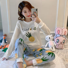 Load image into Gallery viewer, 2021 Winter Long Sleeve Print Thick Warm Flannel Pajama Sets For Women Coral Velvet Sleepwear Suit Pyjamas Homewear Home Clothes