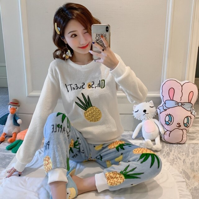 2021 Winter Long Sleeve Print Thick Warm Flannel Pajama Sets For Women Coral Velvet Sleepwear Suit Pyjamas Homewear Home Clothes