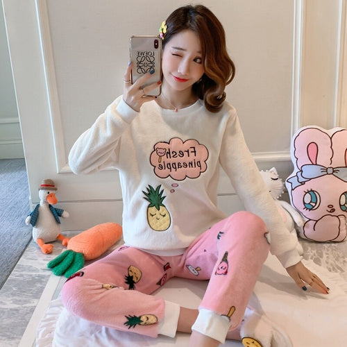 2021 Winter Long Sleeve Print Thick Warm Flannel Pajama Sets For Women Coral Velvet Sleepwear Suit Pyjamas Homewear Home Clothes