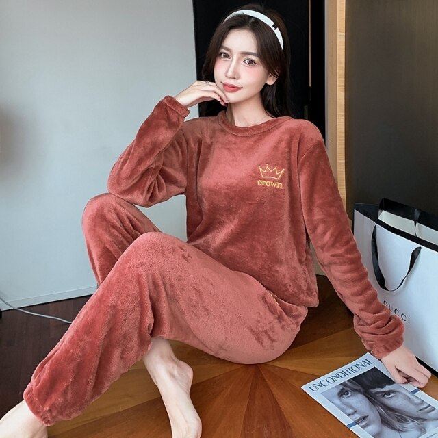 2021 Winter Long Sleeve Thick Warm Flannel Pajama Sets For Women Korean Coral Velvet Sleepwear Suit Pyjama Homewear Home Clothes
