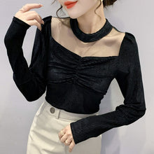 Load image into Gallery viewer, 2021 Winter New Women&#39;s Tops Fashion Casual Stand Collar Velvet Puff Sleeve Mesh T-Shrt Elegant Slim Bottoming Shirt