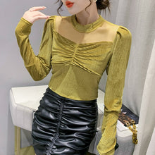 Load image into Gallery viewer, 2021 Winter New Women&#39;s Tops Fashion Casual Stand Collar Velvet Puff Sleeve Mesh T-Shrt Elegant Slim Bottoming Shirt