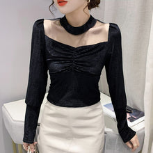 Load image into Gallery viewer, 2021 Winter New Women&#39;s Tops Fashion Casual Stand Collar Velvet Puff Sleeve Mesh T-Shrt Elegant Slim Bottoming Shirt