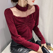 Load image into Gallery viewer, 2021 Winter New Women&#39;s Tops Fashion Casual Stand Collar Velvet Puff Sleeve Mesh T-Shrt Elegant Slim Bottoming Shirt