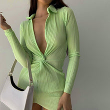 Load image into Gallery viewer, 2021 Winter Sexy Bodycon Dress Y2k Green Deep V Neck Long Sleeve Autumn Fashion Casual Black Women Mini Shirt Dresses