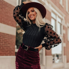 Load image into Gallery viewer, 2021 Woman Elegant Mesh Patchwork Blouse Long Sleeve Blouse Black Lace Transparent Dot Lantern Sleeve Pullover Streetwear Shirts