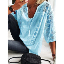 Load image into Gallery viewer, 2021 Women Blouse V-Neck Three Quarter Sleeve Casual Tops Hollow Out Loose Ladies Shirt Lace-up Office Work Wear Summer Blouse