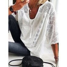 Load image into Gallery viewer, 2021 Women Blouse V-Neck Three Quarter Sleeve Casual Tops Hollow Out Loose Ladies Shirt Lace-up Office Work Wear Summer Blouse