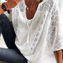 Load image into Gallery viewer, 2021 Women Blouse V-Neck Three Quarter Sleeve Casual Tops Hollow Out Loose Ladies Shirt Lace-up Office Work Wear Summer Blouse