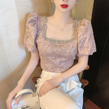 Load image into Gallery viewer, 2021 Women Fashion Clothing Vintage Bubble Sleeve Bead Square Collar Crop Top Woman Tshirts Camisas De Mujer Elegantes