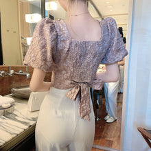 Load image into Gallery viewer, 2021 Women Fashion Clothing Vintage Bubble Sleeve Bead Square Collar Crop Top Woman Tshirts Camisas De Mujer Elegantes