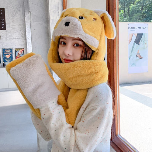 2021 Women Fashion Plush Thick Plush Hat Ladies Winter Warm Gloves Scarf One-piece Hats Outdoor Cycling Wind and Cold Bib Cap