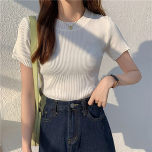 2021 Women Knit T Shirts Jumper Tops Knit Short Sleeve Woman Slim Sweaters Pullovers Simple Casual Tee Summer Shirt Female