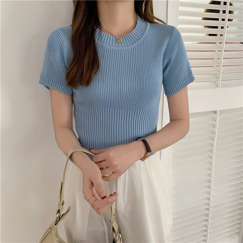 2021 Women Knit T Shirts Jumper Tops Knit Short Sleeve Woman Slim Sweaters Pullovers Simple Casual Tee Summer Shirt Female