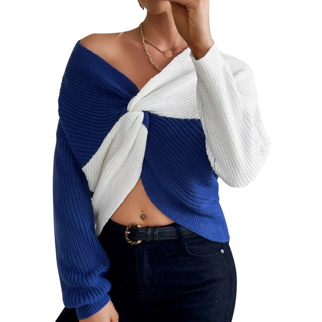 2021 Women Knitted Sweater Autumn New Sexy Chic Pullovers Long Sleeve Twisted Front V Neck Splicing Sweater Korean Lady Knitwear
