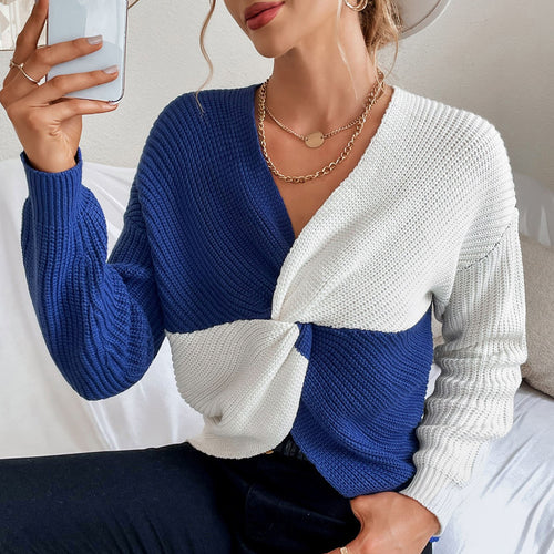 2021 Women Knitted Sweater Autumn New Sexy Chic Pullovers Long Sleeve Twisted Front V Neck Splicing Sweater Korean Lady Knitwear