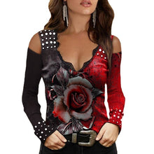 Load image into Gallery viewer, 2021 Women New Off-Shoulder Color Matching Rose Print Women&#39;s Long-Sleeved T-Shirt Fashion Casual Loose Clothing