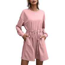 Load image into Gallery viewer, 2021 Women O Neck Short Dress With Sash Long Sleeve Loose Mini Dress A Line Mini Dress Party Vestidos 2021 Side Pockets Casual
