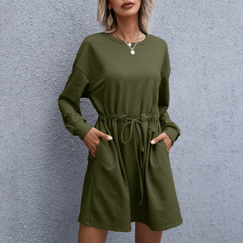 2021 Women O Neck Short Dress With Sash Long Sleeve Loose Mini Dress A Line Mini Dress Party Vestidos 2021 Side Pockets Casual