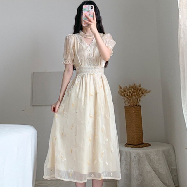 2021 Women Retro Embroidery Floral Fairy Dress Vestido Summer Elegant Chiffon Short Sleeve High Waist Party Dresses Femme