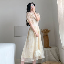 Load image into Gallery viewer, 2021 Women Retro Embroidery Floral Fairy Dress Vestido Summer Elegant Chiffon Short Sleeve High Waist Party Dresses Femme