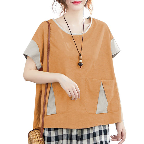 2021 Women'S Summer T-Shirt O Neck Splicing Pocket Contrast Sleeves Shirt  Asymmetric Hem Sweet Casual Loose Female BasisTops