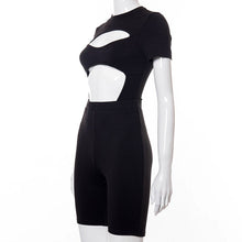 Load image into Gallery viewer, 2021 Women Suit 2 Piece/Set Sexy Hollow Out Short Sleeve O-neck Bodysuit Skinny Biker Shorts Summer Tracksuit Outfits