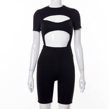 Load image into Gallery viewer, 2021 Women Suit 2 Piece/Set Sexy Hollow Out Short Sleeve O-neck Bodysuit Skinny Biker Shorts Summer Tracksuit Outfits