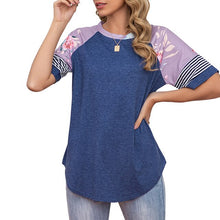 Load image into Gallery viewer, 2021 Women Tee Shirts  Raglan Short Sleeve Splicing Floral Stripes Print Shirts Loose Fit Tee Tops Casual Summer T-Shirts Femme