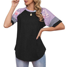 Load image into Gallery viewer, 2021 Women Tee Shirts  Raglan Short Sleeve Splicing Floral Stripes Print Shirts Loose Fit Tee Tops Casual Summer T-Shirts Femme
