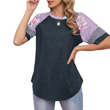 Load image into Gallery viewer, 2021 Women Tee Shirts  Raglan Short Sleeve Splicing Floral Stripes Print Shirts Loose Fit Tee Tops Casual Summer T-Shirts Femme