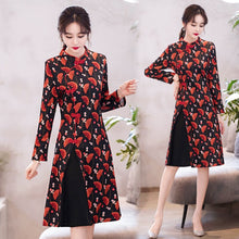 Load image into Gallery viewer, 2021 Women Vintage Chinese Style Long Sleeve Slim Knee Length Dress Autumn Stand Collar Buckle Print Elegant Improved Cheongsam
