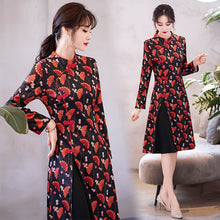 Load image into Gallery viewer, 2021 Women Vintage Chinese Style Long Sleeve Slim Knee Length Dress Autumn Stand Collar Buckle Print Elegant Improved Cheongsam