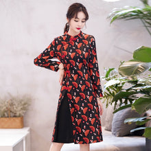 Load image into Gallery viewer, 2021 Women Vintage Chinese Style Long Sleeve Slim Knee Length Dress Autumn Stand Collar Buckle Print Elegant Improved Cheongsam