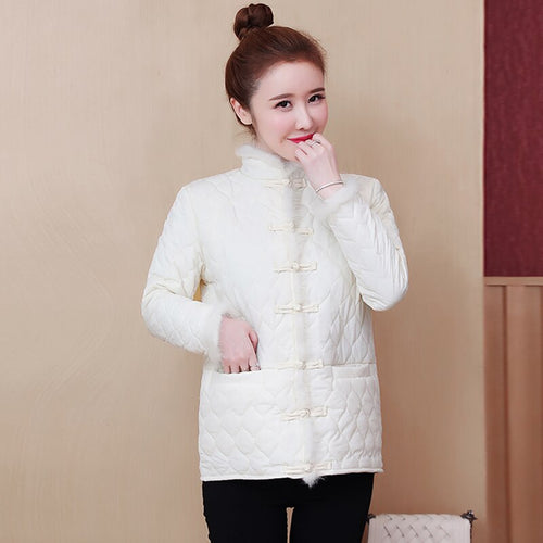 2021 Women Winter Padded Jacket Chinese Style Stand Collar Retro Buckle Casual Vintage Plus Size Coat Female Thicken Outerwear