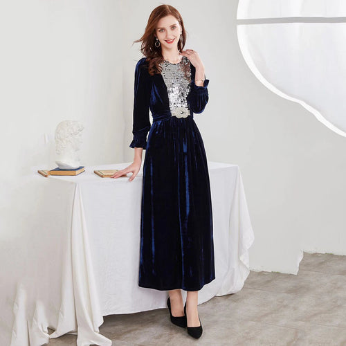 2021 Women's Spring And Autumn Arab Muslim Stretch Velvet Waist Slimming Slim Sequined Velvet Stitching Dress Abaya Kimono