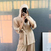 Load image into Gallery viewer, 2021 autumn and winter new thick hooded cardigan jacket Miyak fold Oversized Cardigan Lace Jacket + Straight Pants Set