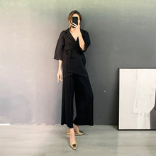 Load image into Gallery viewer, 2021 autumn and winter new thick hooded cardigan jacket Miyak fold Oversized Cardigan Lace Jacket + Straight Pants Set