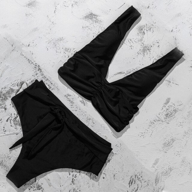 2021 new foreign trade split bikini female sexy solid color fold strap swimsuit