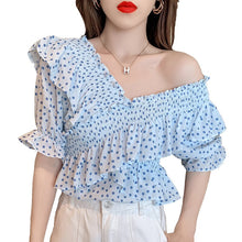 Load image into Gallery viewer, 2021 new summer off shoulder top women&#39;s short sleeve temperament age reducing one shoulder chiffon shirt design