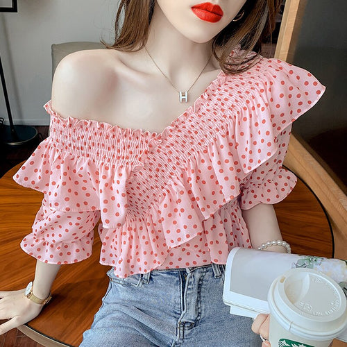 2021 new summer off shoulder top women's short sleeve temperament age reducing one shoulder chiffon shirt design