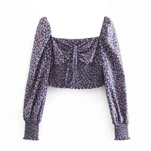 2021 spring Women Elegant sexy Navel exposed shirt Mujer puff sleeve Jumper vintage floral Blusas Retro Printed Short top Femme
