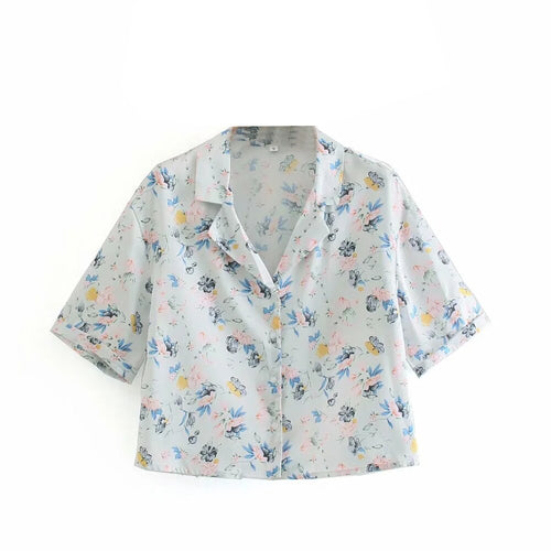2021 summer Women fashion floral Blouses Mujer short Sleeve Single breasted top Ladies lapel vintage Printed short shirt Femme